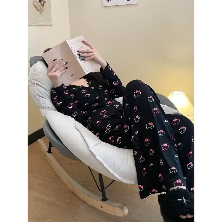 韩系纯欲卡通凯蒂猫睡衣女蕾丝吊带带胸垫2025春秋新款家居服套装