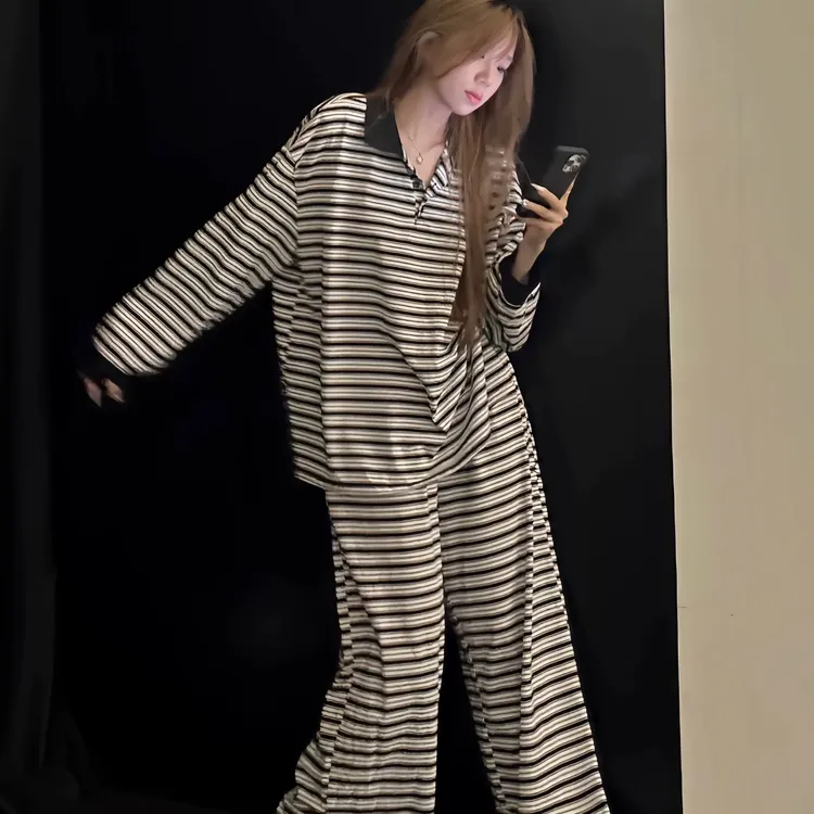 韩版ins风条纹长袖长裤睡衣女秋季简约舒适宽松可外穿家居服套装