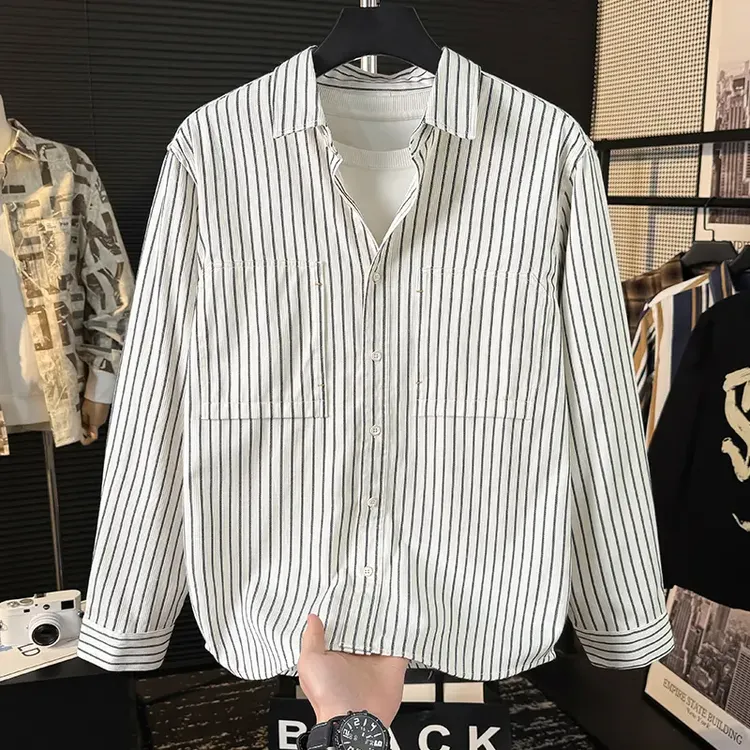 春季潮流文艺感男生长袖衬衫条纹设计宽松寸衫免烫休闲日系风格