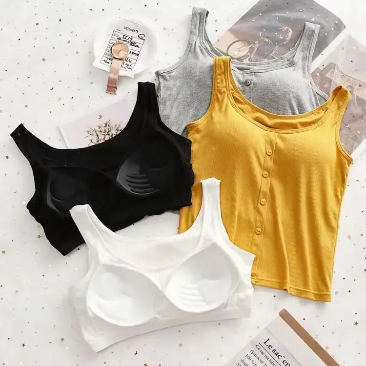 莫代尔条纹背心吊带女短款一体式带胸垫纽扣装饰打底内外穿上衣