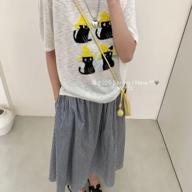 短袖百搭刺绣宽松常规猫咪提花针织衫韩版2025春夏休闲百搭上衣女