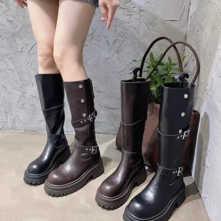 【米热】2629-复古厚底长筒休闲时装靴女冬季小个子百搭增高长靴