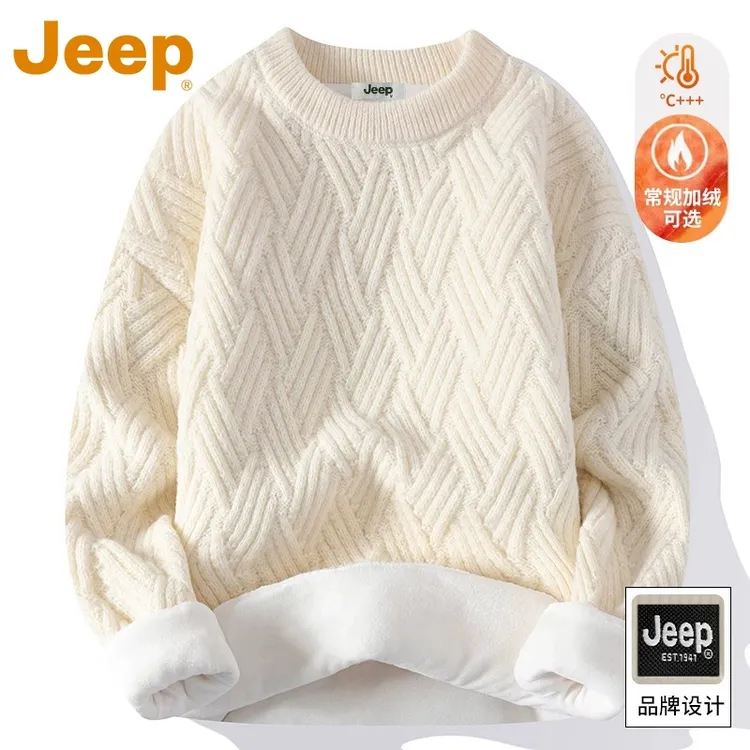 JEEP吉普加绒毛衣男款2025新款冬季圆领保暖打底衫宽松休闲针织衫