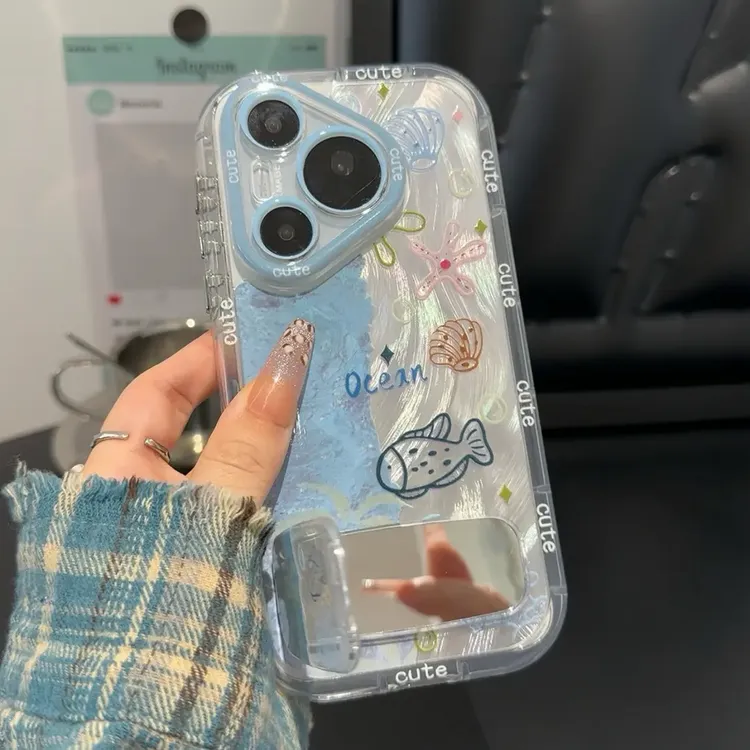 适用蓝色海洋世界镜子支架iPhone15/16pro手机壳苹果华为vivo小米
