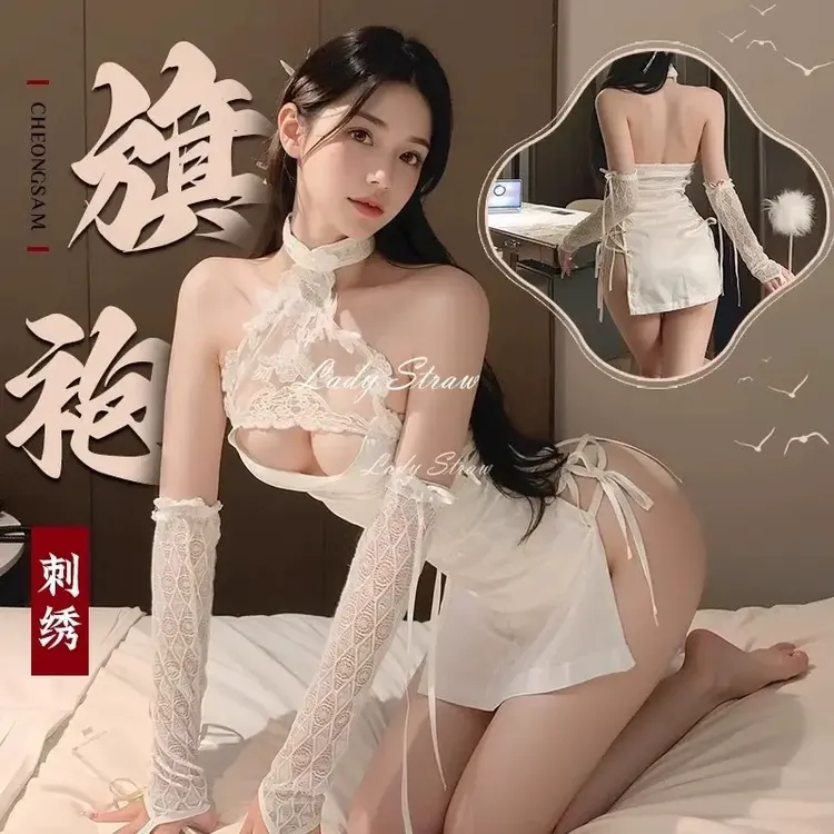 新款低胸显瘦 性感纯欲风睡裙修身时尚性感镂空绑带旗袍刺绣