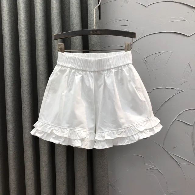 韩版时尚气质百搭木耳边白色休闲裤夏天新款高腰显瘦A字阔腿短裤