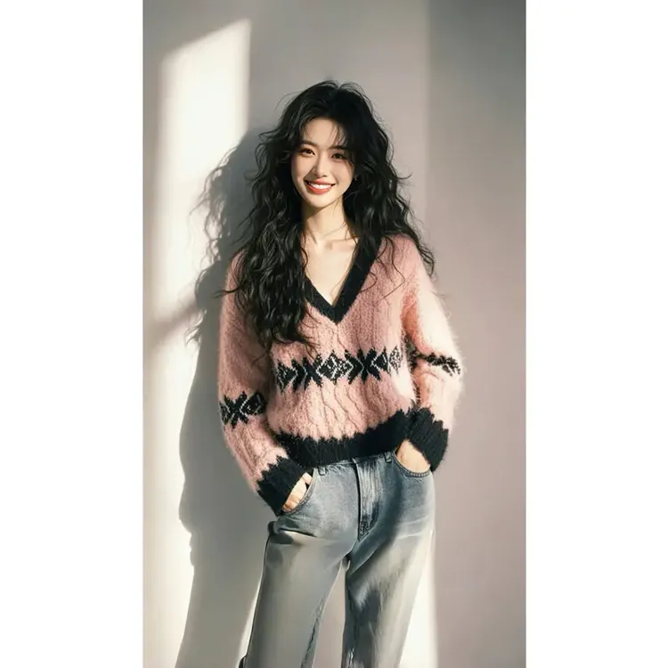 4079法式v领拼色长袖针织衫女秋冬慵懒风设计感小众软糯毛衣上衣