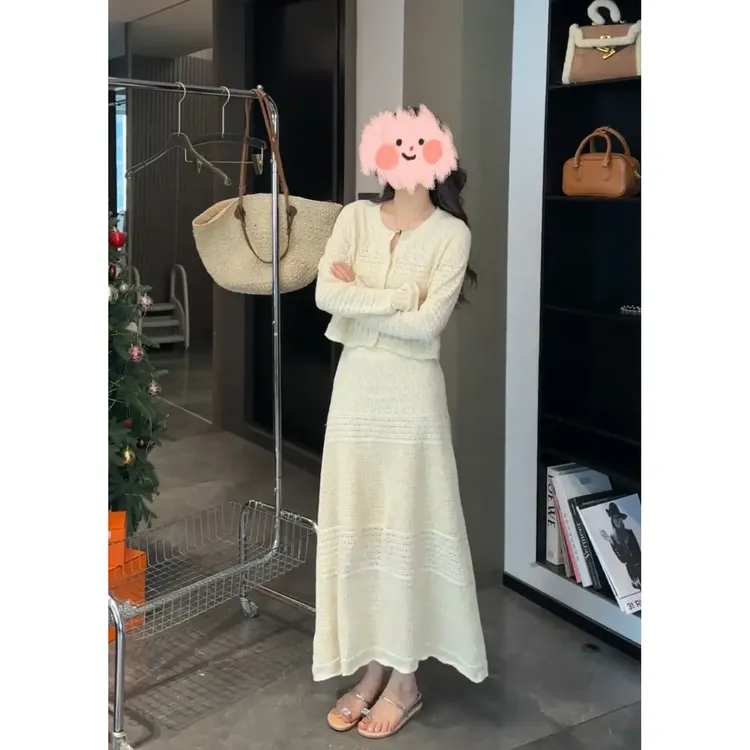 法式温柔风时尚镂空钩花针织开衫半裙套装
