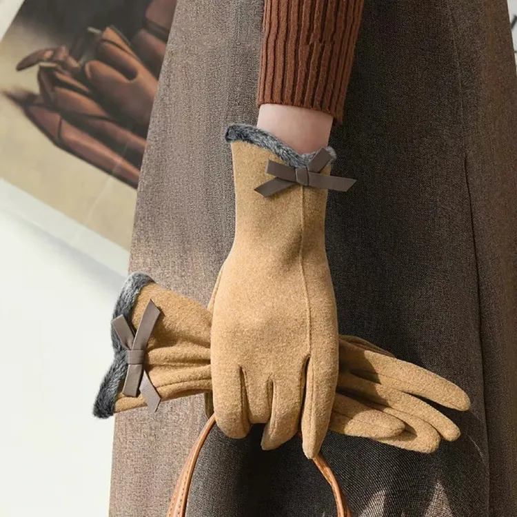 保暖升级！加绒蝴蝶结优雅风可触屏五指手套加厚防风冬天韩版户外