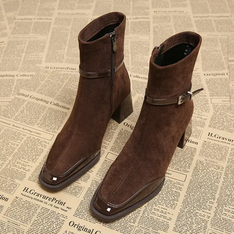 牛皮秋冬高级感尖ol高跟短靴小个子绒面瘦瘦靴洋气马丁靴粗跟单靴