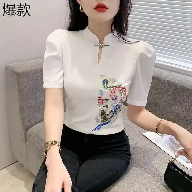 时尚泡泡袖T恤女短袖夏装设计感中国风立领上衣洋气百搭半袖小衫