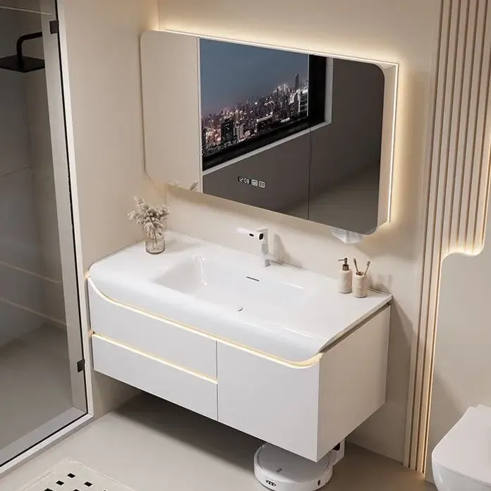 简约奶油风智能实木洗脸盆卫生间浴室柜组合亮面肤感盆柜一体洗
