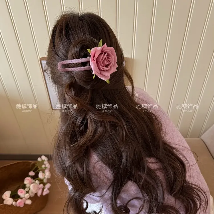 浪漫不渝～仿真玫瑰花朵鸭嘴夹春夏氛围感花朵发夹甜美后脑勺发饰