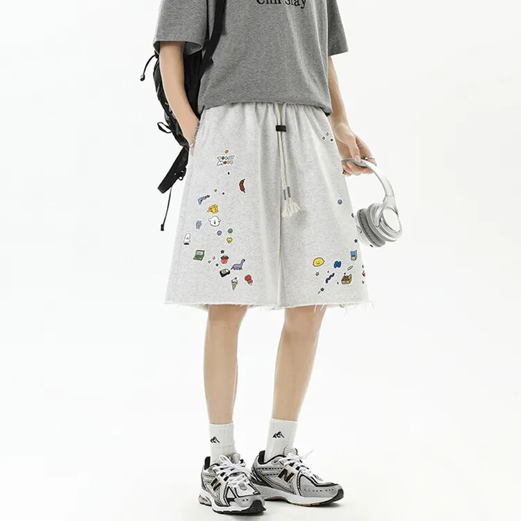 运动短裤子男2025夏季外穿新款潮流印花抽绳宽松直筒休闲五分中裤