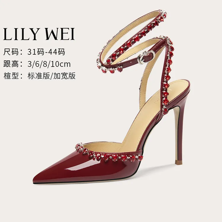 Lily Wei【炽热】红色漆皮性感绑带凉鞋细跟配裙子绝美高跟鞋大码