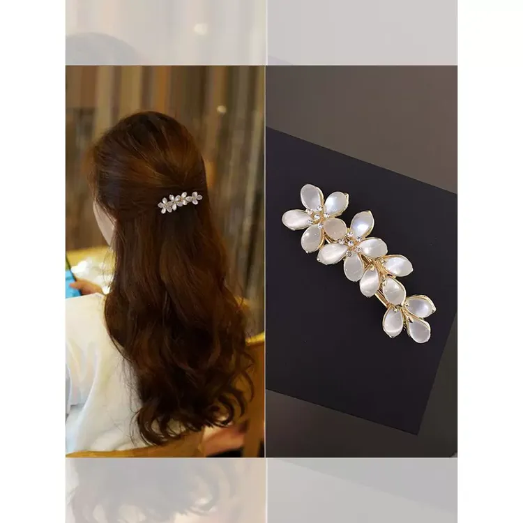 韩式优雅花朵横夹一字夹气质仿猫眼弹簧夹顶夹发夹刘海夹半扎发卡