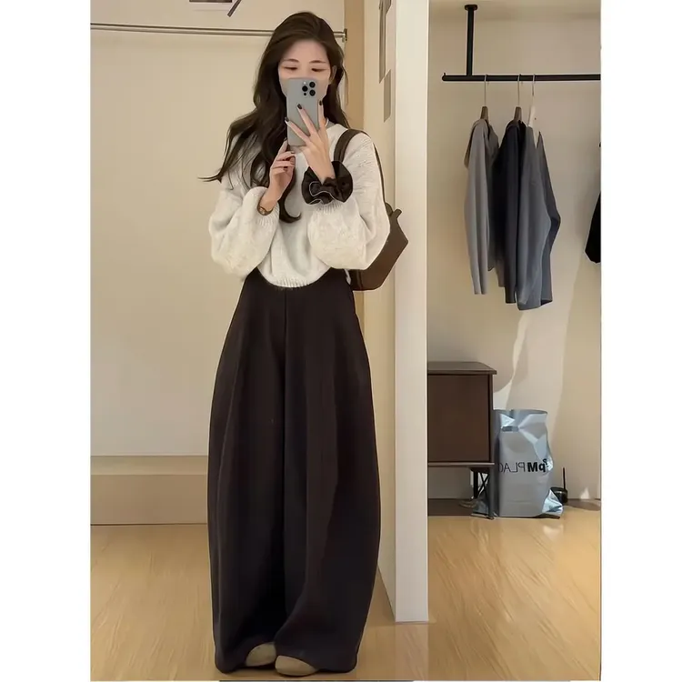 早秋新款韩系简约针织衫长袖上衣宽松休闲阔腿裤清冷系禅意衣服女