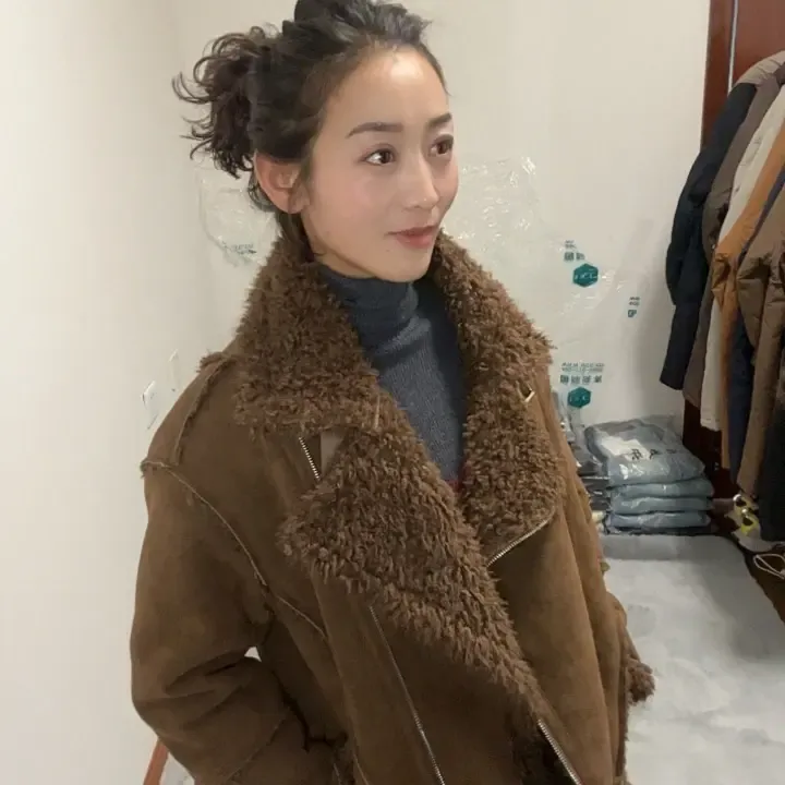 秋冬新款时尚立领外套女加厚保暖羊羔毛机车夹克上衣