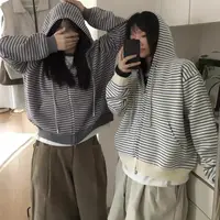 灰灰呀！条纹主义 高克重软糯 韩系百搭复古条纹连帽针织毛衣外套