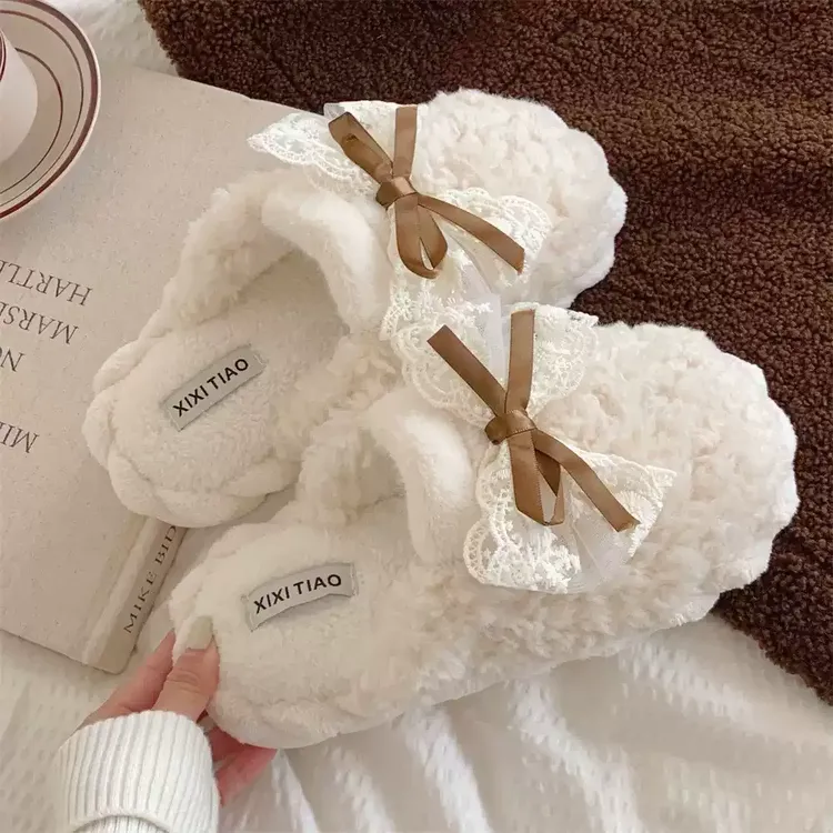2025新款棉拖鞋时尚甜美可爱蝴蝶结月子鞋女冬季学生居家拖防滑LW