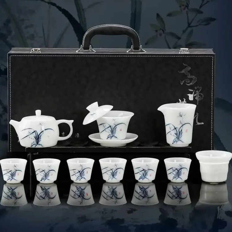 高端冰种璞玉瓷茶具套装家用手绘釉下茶壶盖碗办公室会客送礼盒装