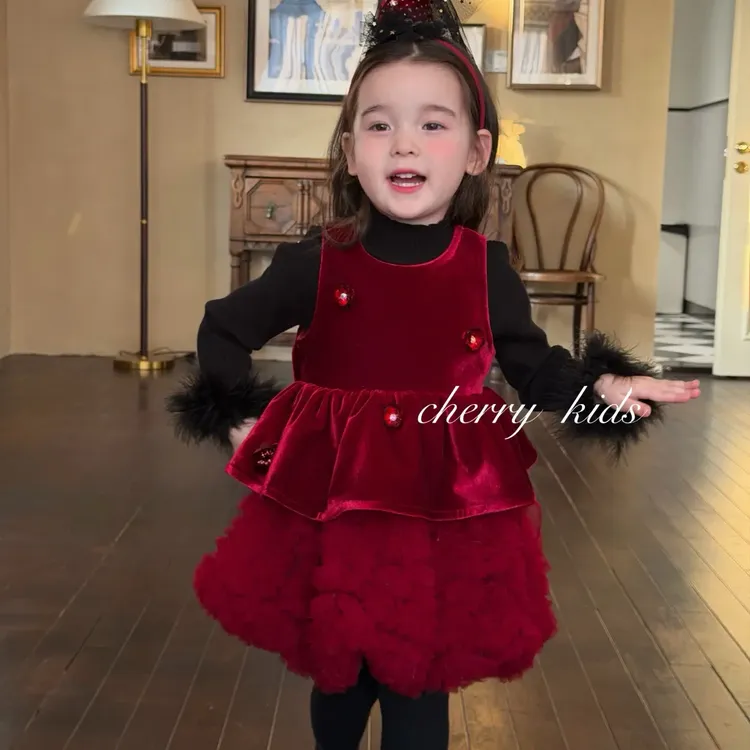 正版樱桃cherry年款红色丝绒背心裙连衣裙7021打底衫6739