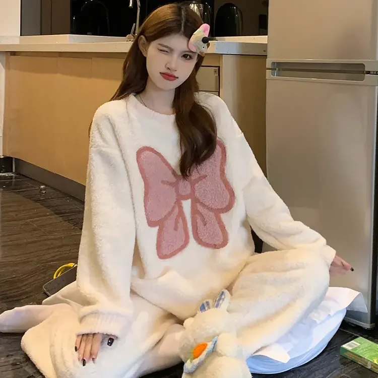 珊瑚绒睡衣女秋冬季2024新款半边绒加厚保暖甜美可爱家居服套装