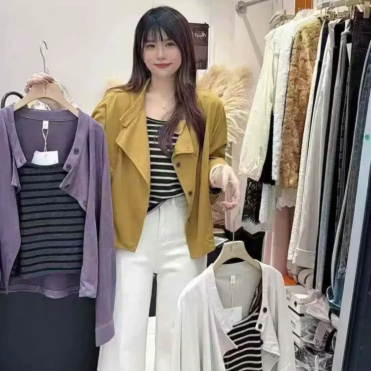 薄款百搭纯色双排扣女短外套长袖休闲夏季女装秋季