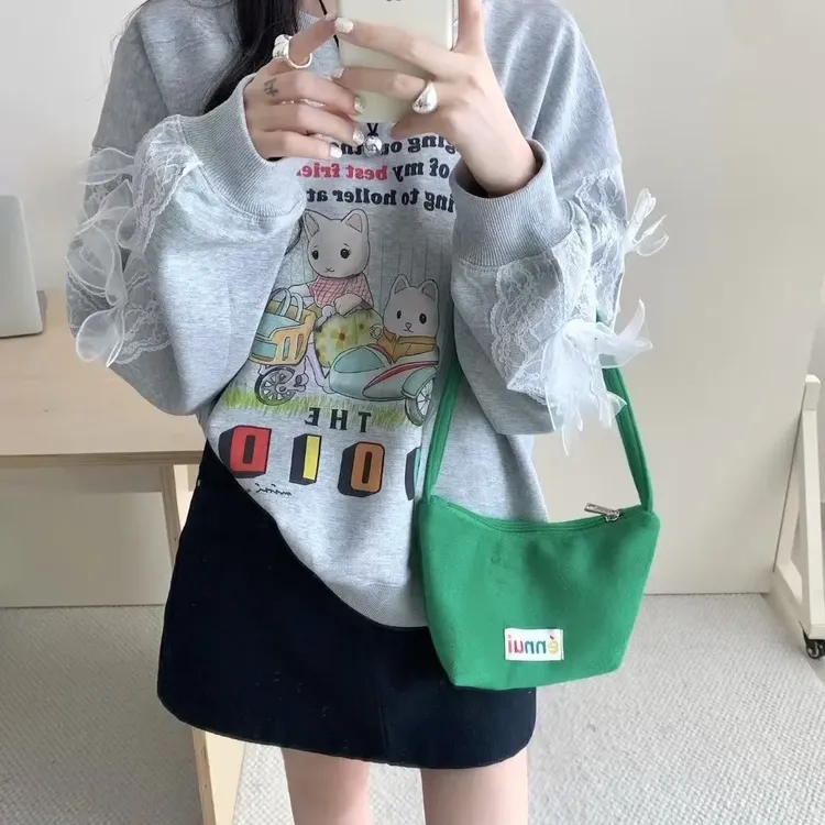 蕾丝长袖印花休闲风秋季圆领卫衣慵懒风卡通上衣ins