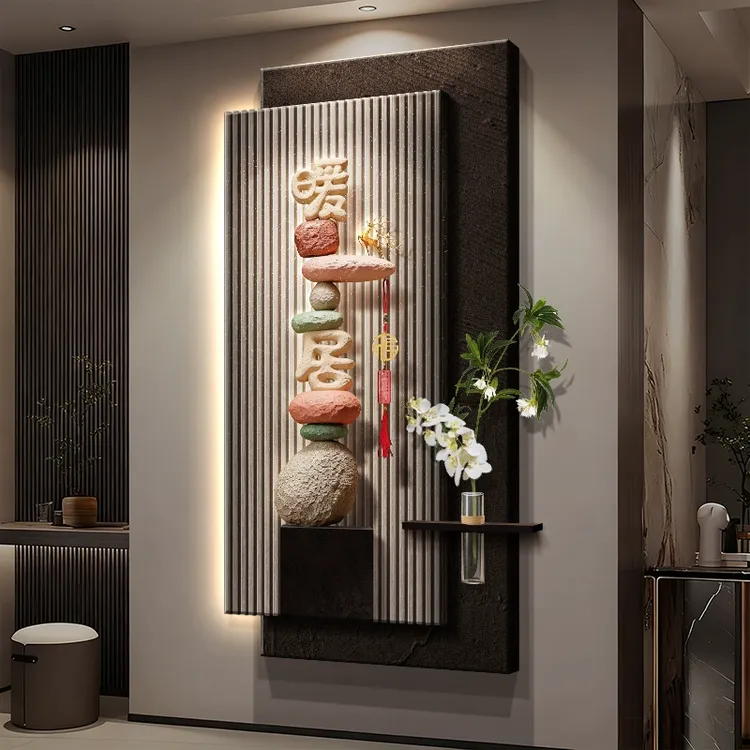 《石来运转》现代轻奢玄关装饰画入户正对门走廊过道立体砂岩叠加画