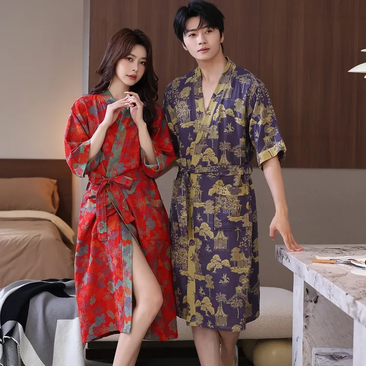 春夏薄款浴袍纯棉双层纱布浴袍家居服睡袍情侣款吸水速干浴衣大码