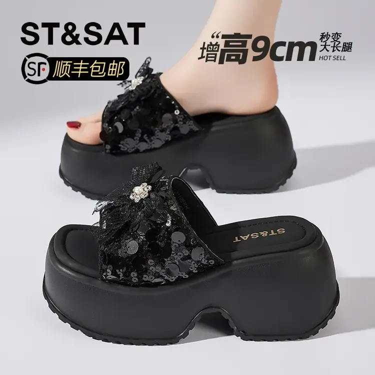 星期六超高跟蝴蝶结亮片一字拖女2025夏季爆款显腿长海边沙滩拖鞋
