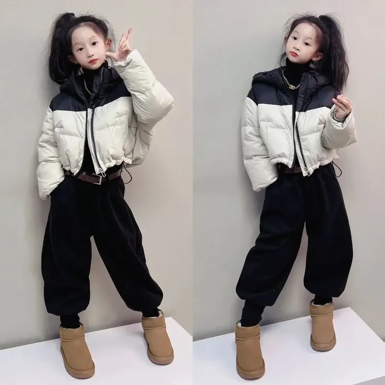 女童冬季套装2025新款短款羽绒棉服新款儿童洋气保暖加绒哈伦裤潮