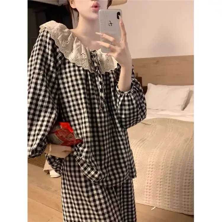 黑色高级感格子花边睡衣女款春秋季长袖宽松可外穿甜美家居服套装