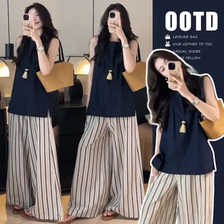 2025孕妇装圆领无袖上衣女夏季新款设计感上衣配竖条纹宽松裤套装