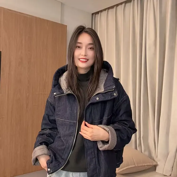 8853-宽松型厚款设计师款秋冬牛仔棉衣纯色棉服