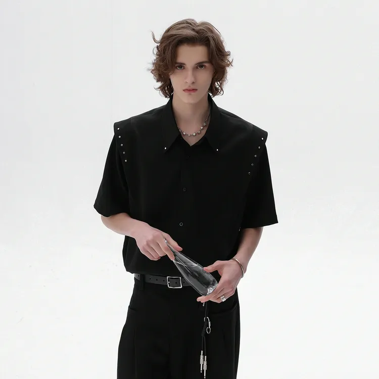 CHOR夏季新款男装美式简约百搭男士短袖衬衫纯色设计感轻奢衬衣潮