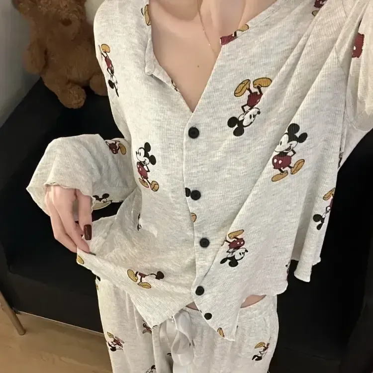 韩系卡通米奇印花长袖睡衣女春秋新款软糯舒适开衫长裤家居服套装