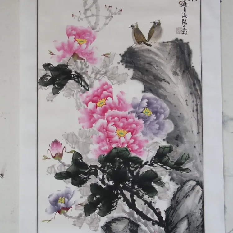 纯手绘牡丹富贵吉祥国画花鸟画宣纸未装裱中式四尺画芯作品