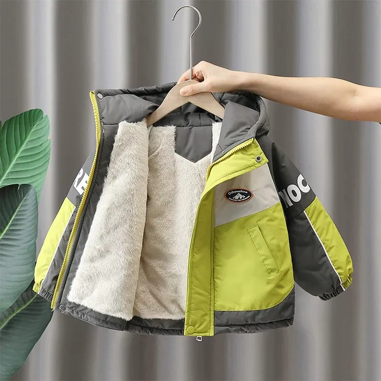 男童冬季棉衣2025新款儿童加绒加厚拼色棉袄宝宝冬款连帽棉服外套