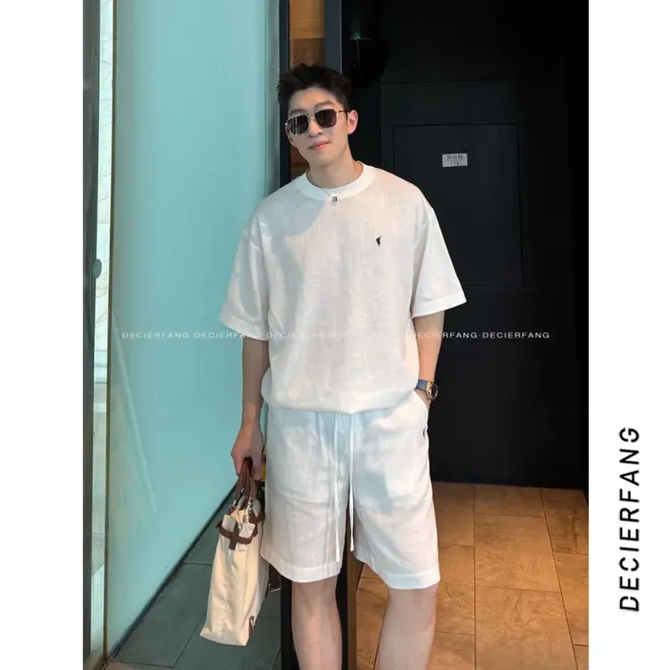 【25夏  亚麻套装】老钱风小马标天丝亚麻轻奢贵气短袖 短裤套装
