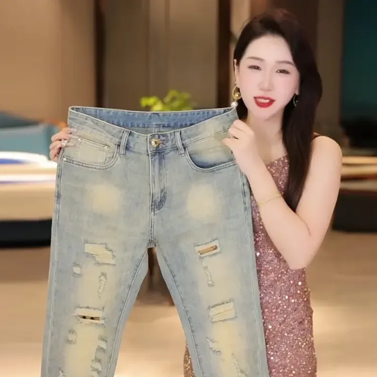 秋季爆款新款轻奢怀旧复古蓝破洞男士牛仔裤时尚百搭修身弹力裤子