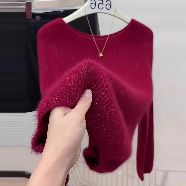 羊毛衫女长袖新款韩版安可拉红宽松亮丝上衣百搭圆领打底衫毛衣