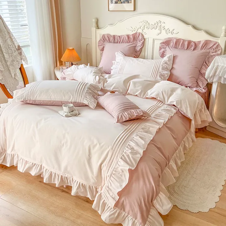 ins网红双层荷叶边100全棉纯棉床上四件套少女心公主风床裙款被套