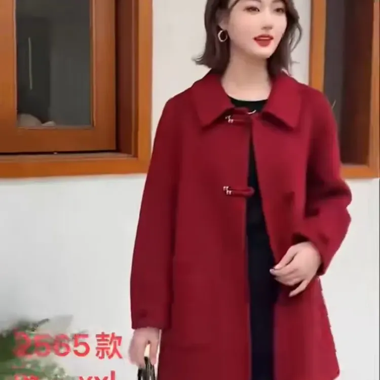 喜婆婆中长款翻领双面大衣女小个子妈妈冬装高档气质毛呢外套