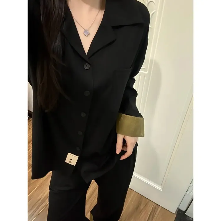 撞色睡衣女春秋季新款高级感开衫黑色居家服宽松大码长袖长裤套装