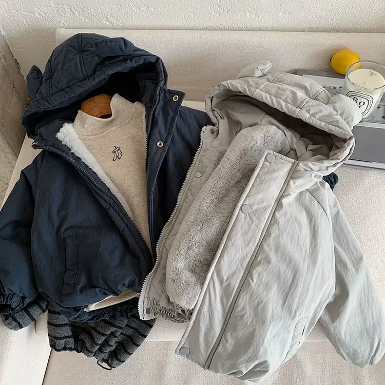 儿童连帽棉服加绒2025冬季款男女童兔耳棉袄外套宝宝纯色棉衣加厚