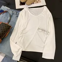J93白色T恤女长袖夏新款宽松慵懒风V领薄款打底衫半袖显瘦上衣