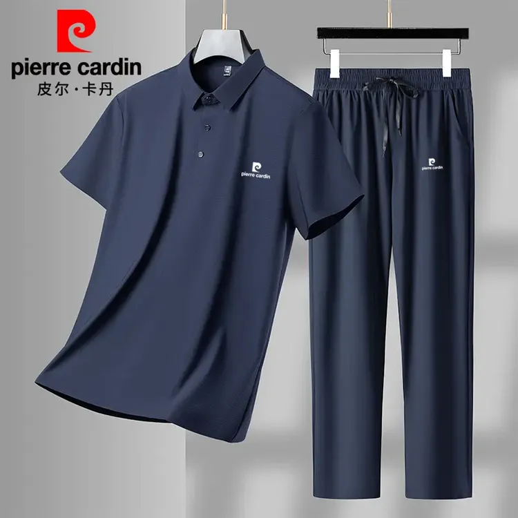 皮尔卡丹运动套装夏季冰丝高端短袖宽松丝滑薄款T恤男装男