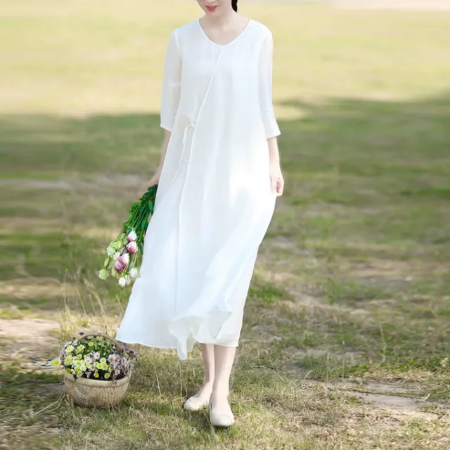 夏季新中式轻国风连衣裙女大码文艺复古超仙气质禅意棉麻长款袍子